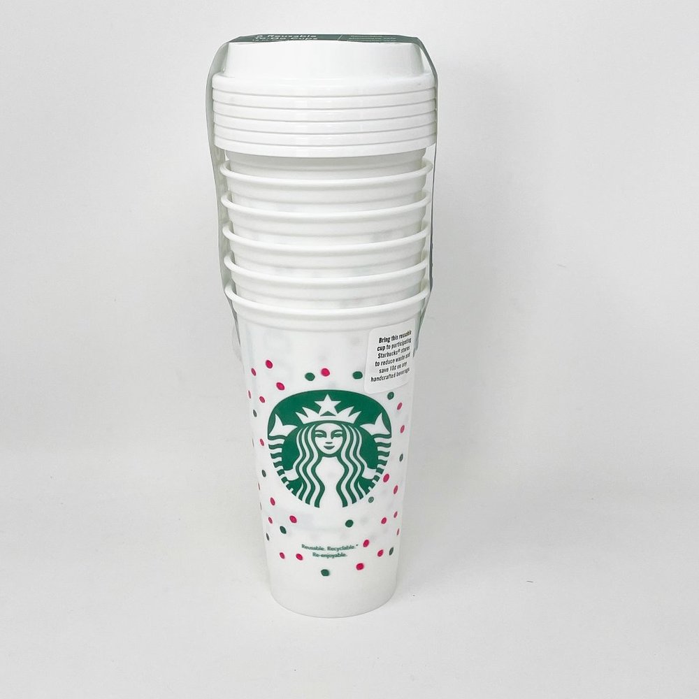 6 Cups STARBUCKS Reusable PINK & GREEN Polka Dot To Go Cup  Limited Edition  NEW